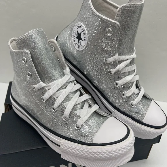 Converse CTAS EVA LIFT HI Chuck Taylor All Star High Top Sneakers Silver Glitter - Picture 4 of 16